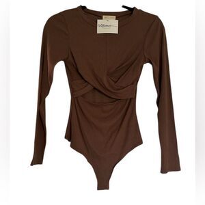 Ellen Anne Mocha Brown Cassandra Cutout Long Sleeve Bodysuit Size Small NEW
